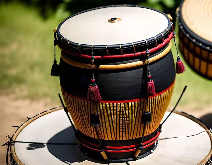 Die afrikanische Trommel als traditionelles Musikinstrument gebaut in Benin